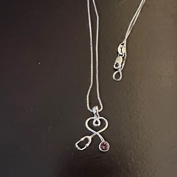 Jewelry - Sterling Silver Stethoscope Pendant Necklace with Purple Gem